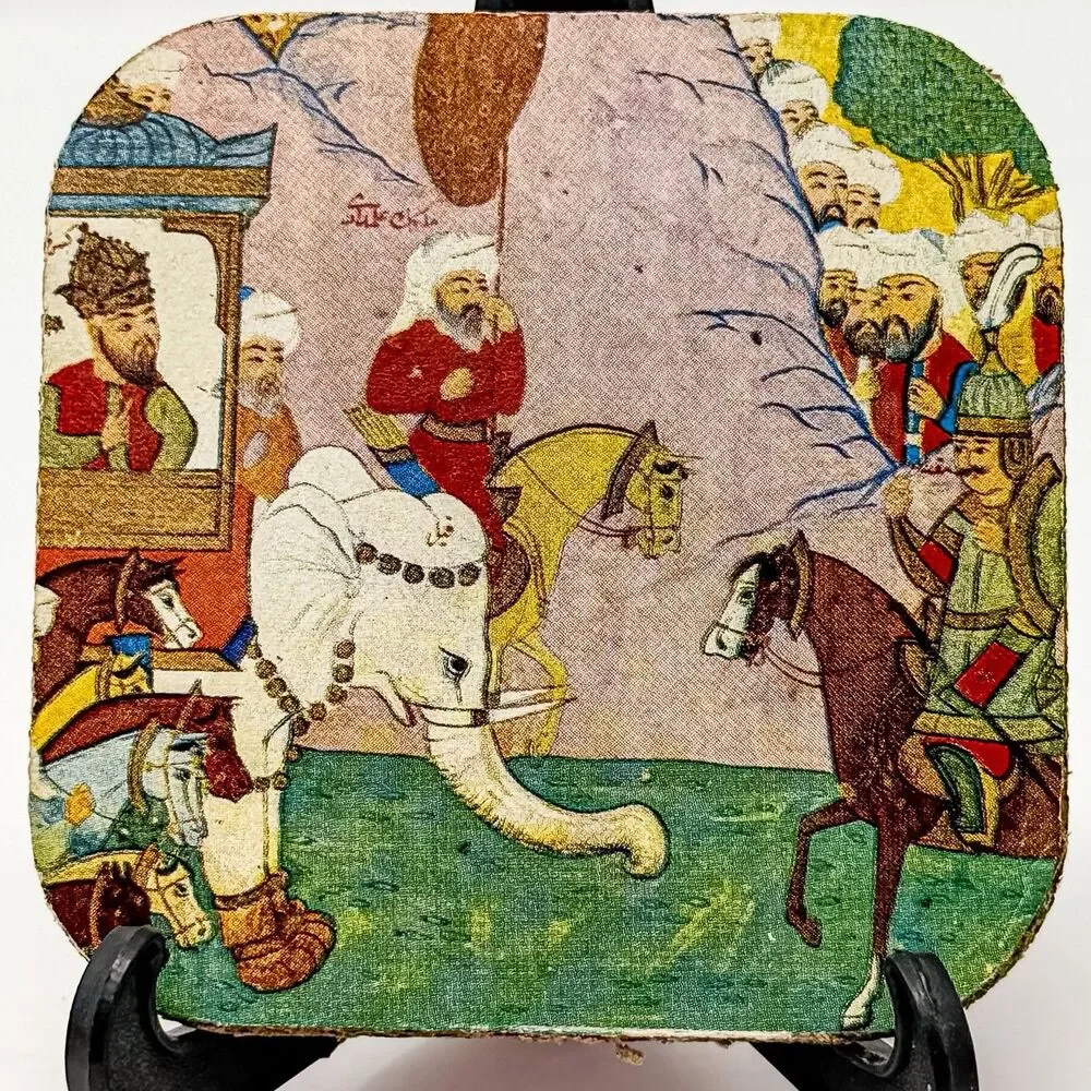 Vintage Persian Ottoman Miniature Art Coasters Set of 6 Fabric Covered Board